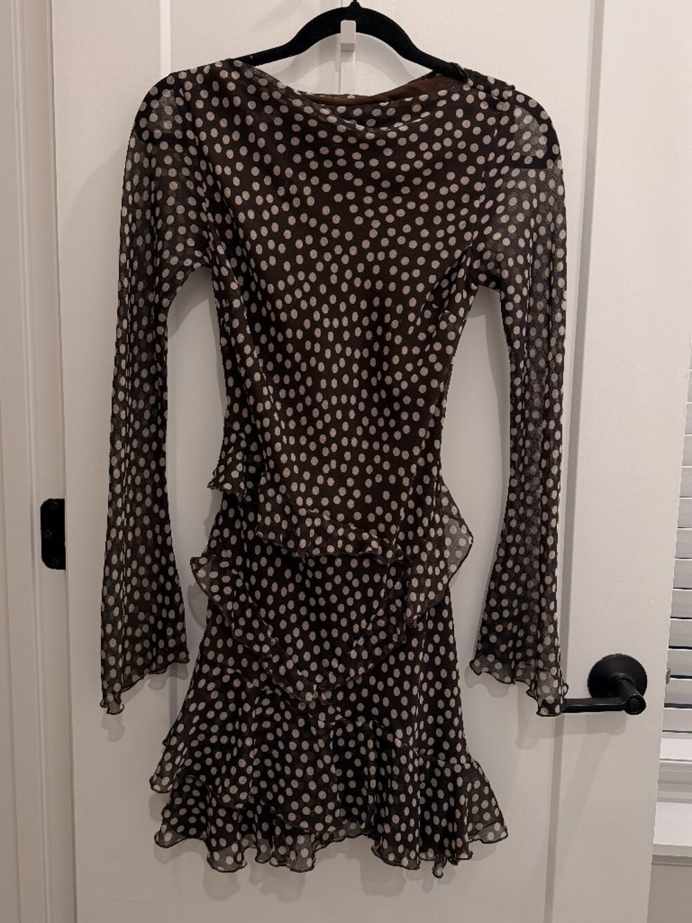 Brown and beige polka dot long sleeve dress